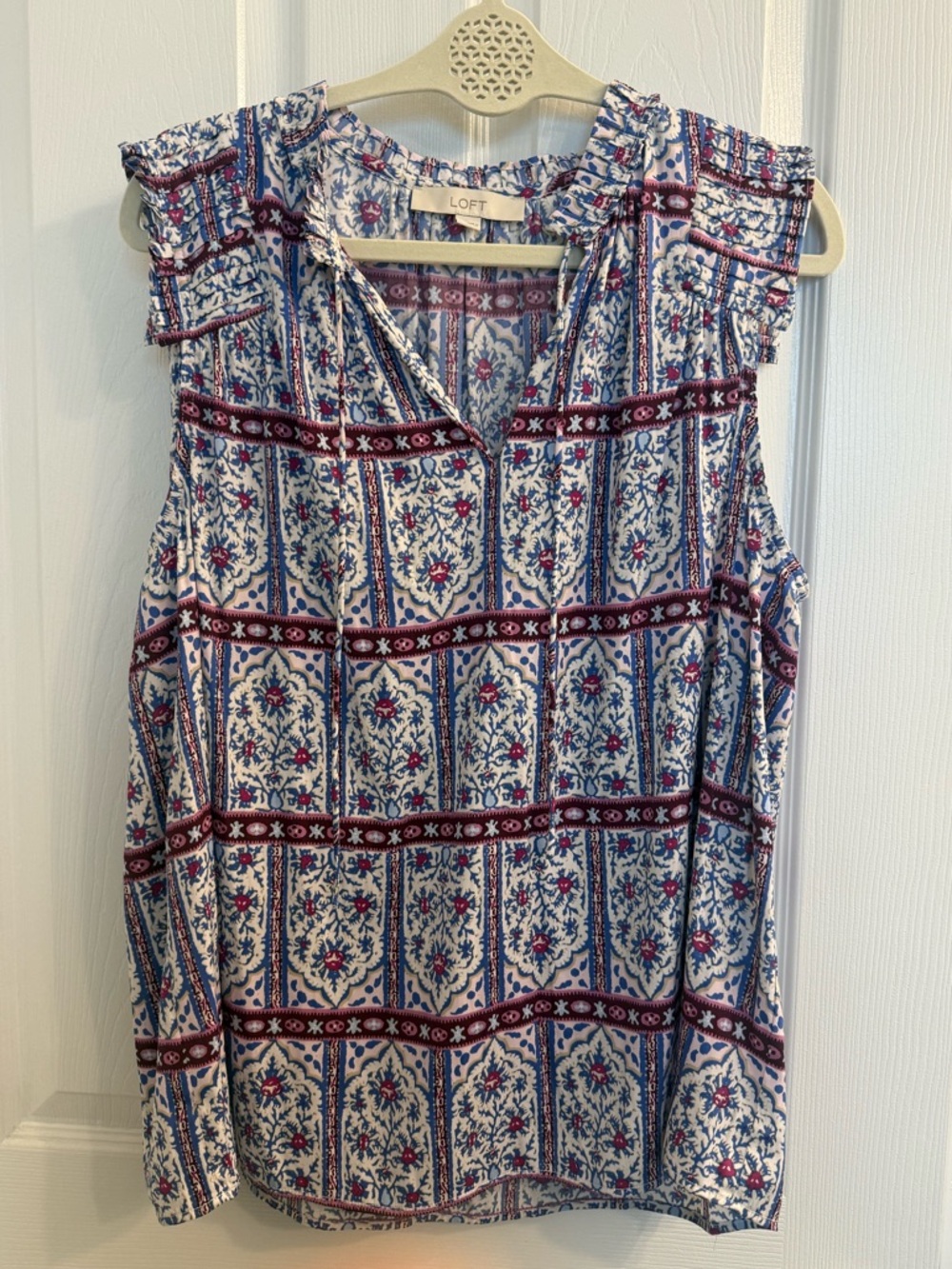 LOFT Sleeveless Floral Tile Tank in White, Blue & Burgundy